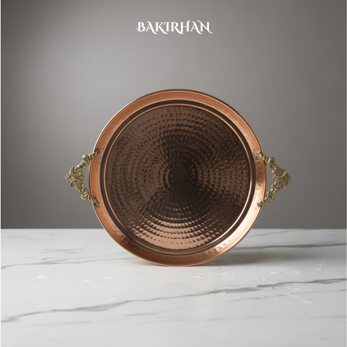 Kulplu Dövme Bakır Tepsi
