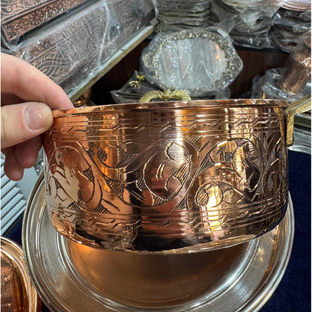 Parlak İşlemeli Bakır Tencere Seti (3 Boy)