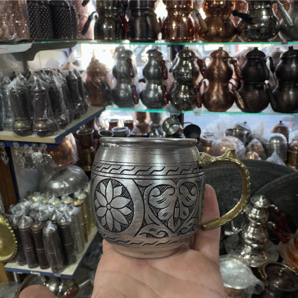 İşlemeli Gümüş Renkli Bakır Bardak
