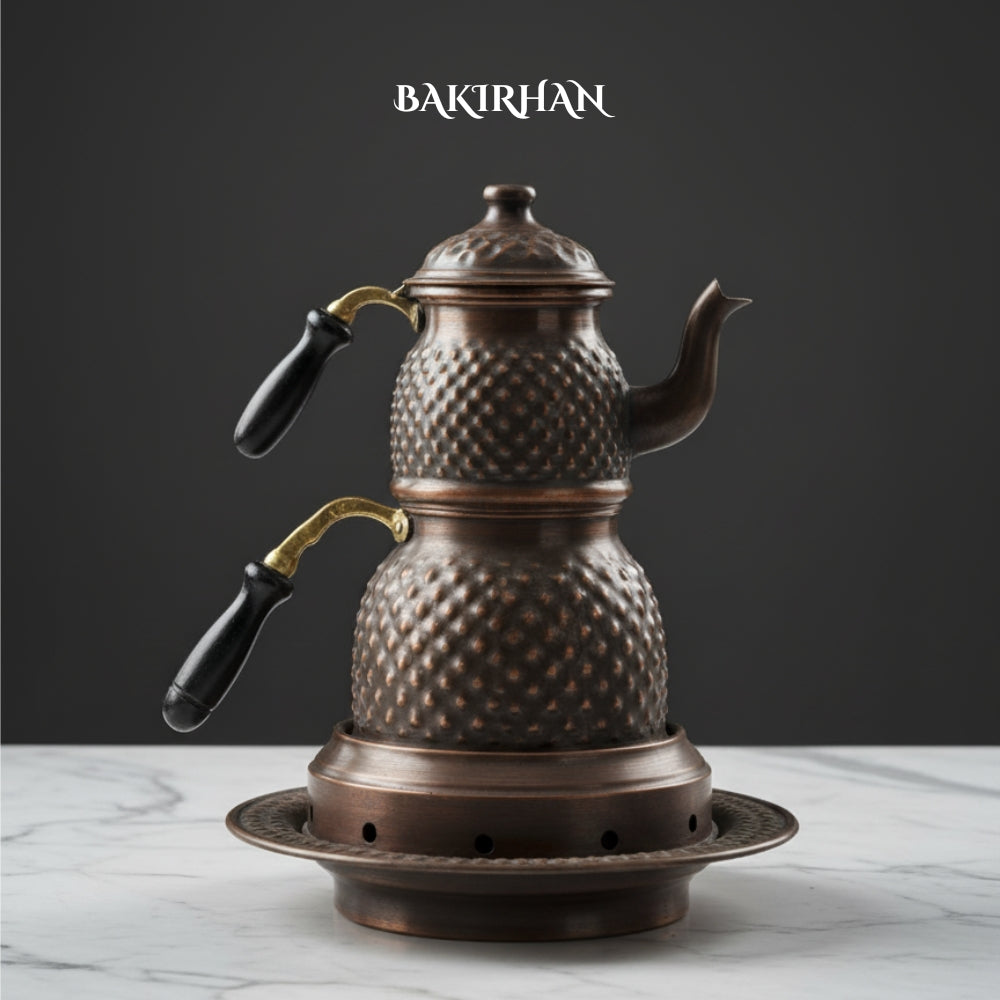 Piramit Kabartma Bakır Çaydanlık