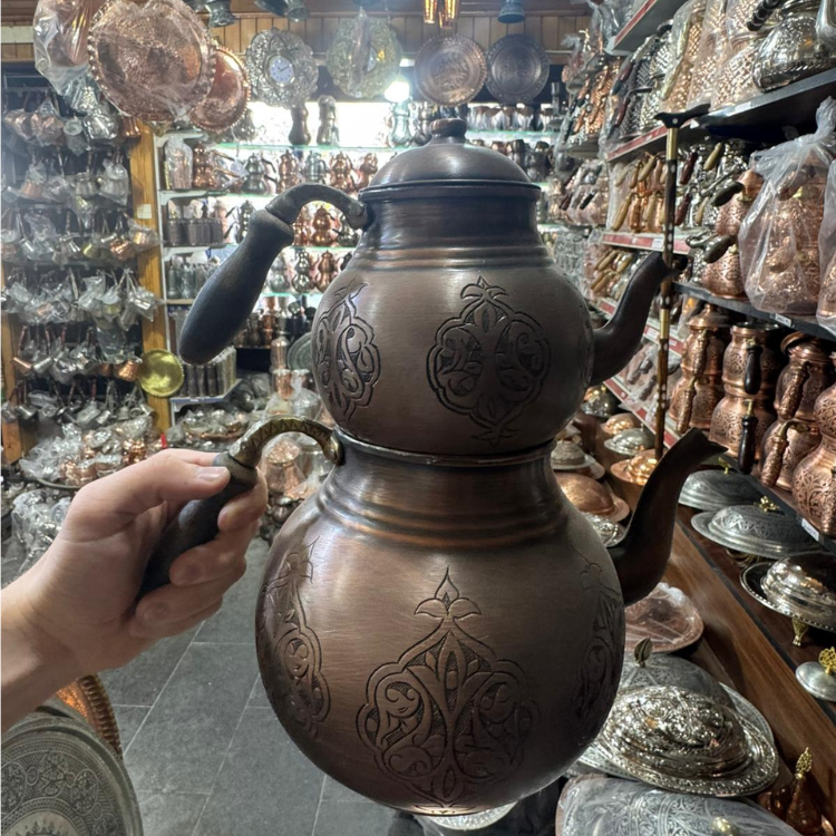 Siyah İşlemeli Saf Bakır Çaydanlık