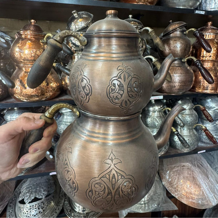 Siyah İşlemeli Saf Bakır Çaydanlık