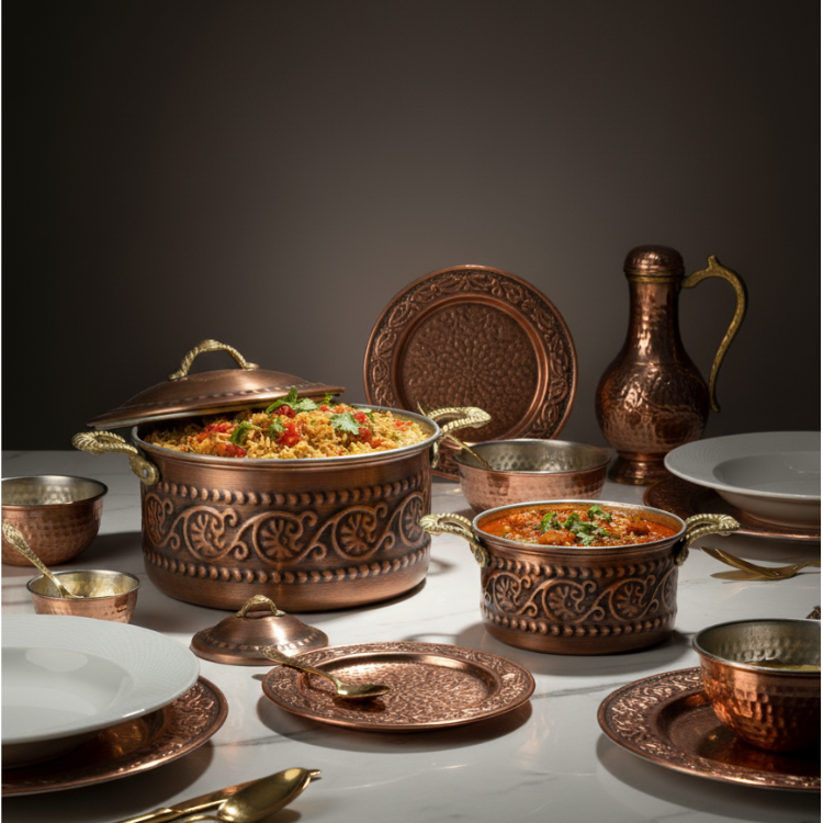 Kabartma İşlemeli Saf Bakır Tencere Seti (2'li Set)