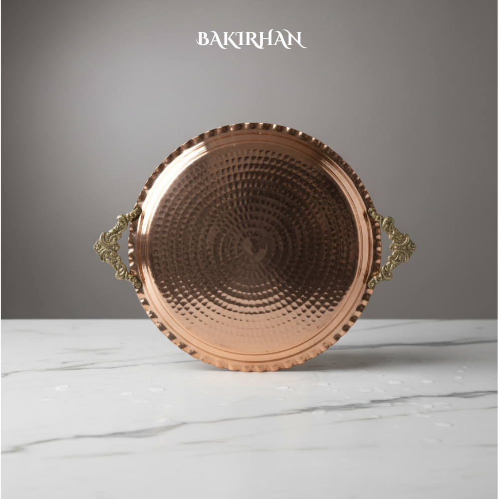 Kulplu Dövme Bakır Tepsi
