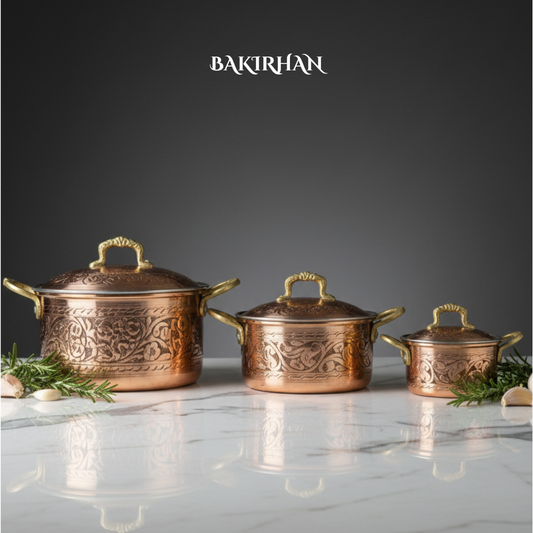 Parlak İşlemeli Bakır Tencere Seti (3 Boy)