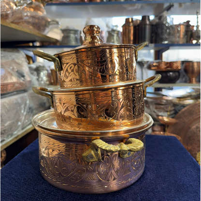 Parlak İşlemeli Bakır Tencere Seti (3 Boy)