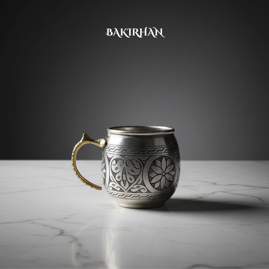 İşlemeli Gümüş Renkli Bakır Bardak