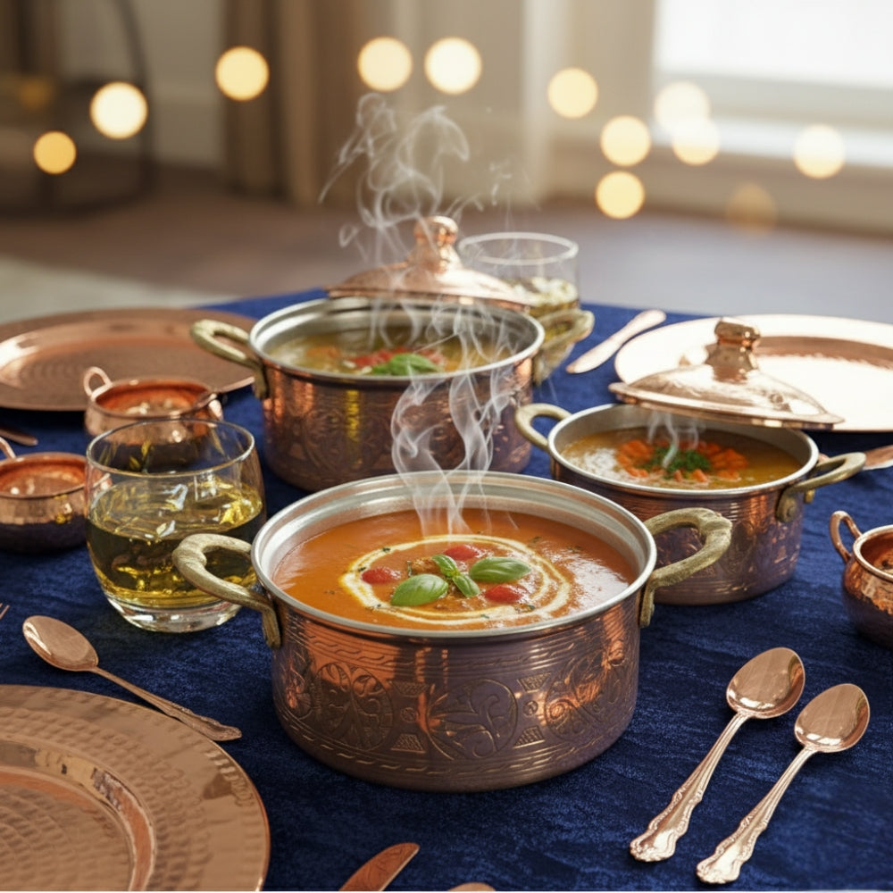 Parlak İşlemeli Bakır Tencere Seti (3 Boy)