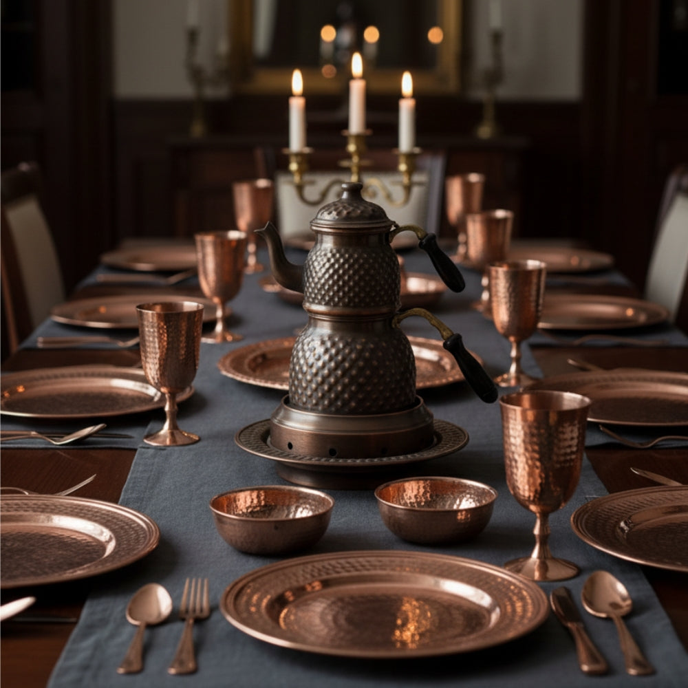 Piramit Kabartma Bakır Çaydanlık