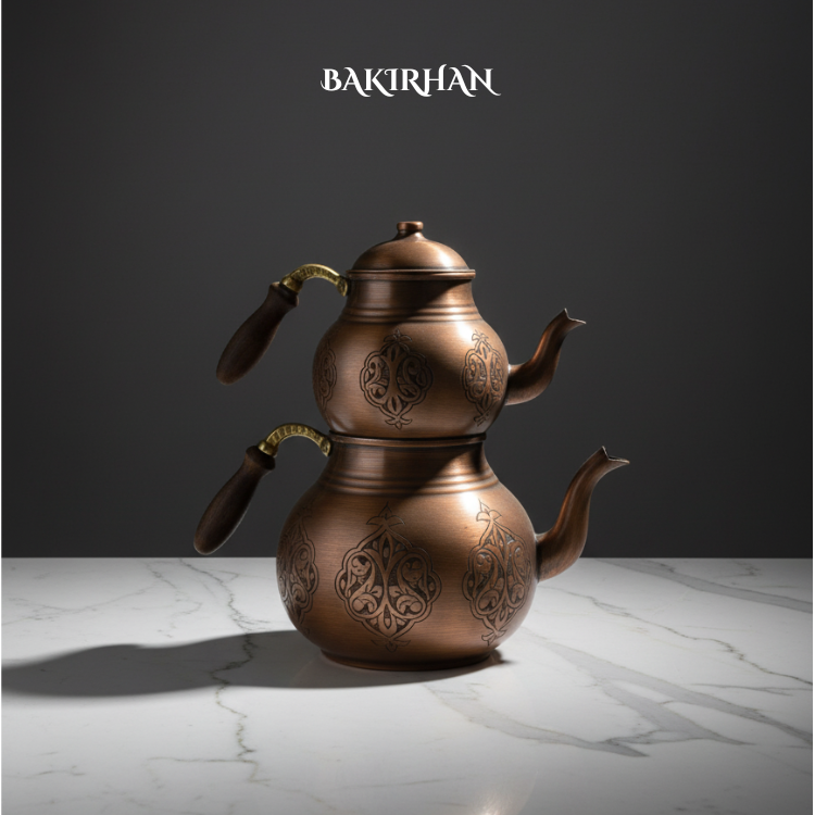 Siyah İşlemeli Saf Bakır Çaydanlık