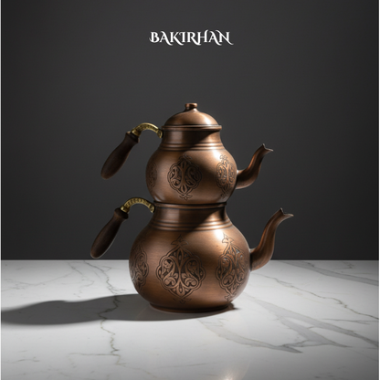 Siyah İşlemeli Saf Bakır Çaydanlık