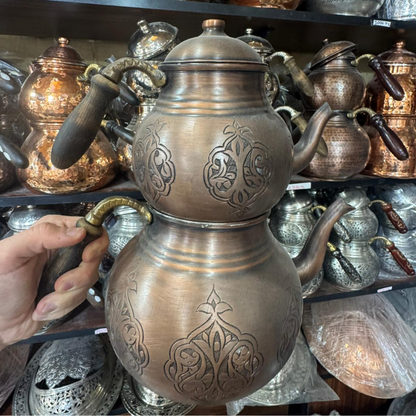 Siyah İşlemeli Saf Bakır Çaydanlık