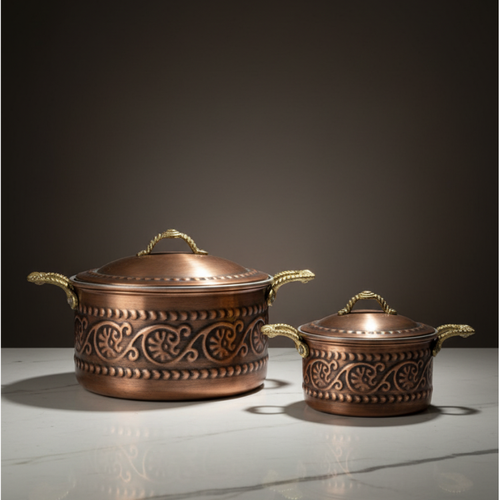 Kabartma İşlemeli Saf Bakır Tencere Seti (2'li Set)