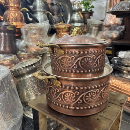 Kabartma İşlemeli Saf Bakır Tencere Seti (2'li Set)