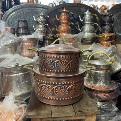 Kabartma İşlemeli Saf Bakır Tencere Seti (2'li Set)