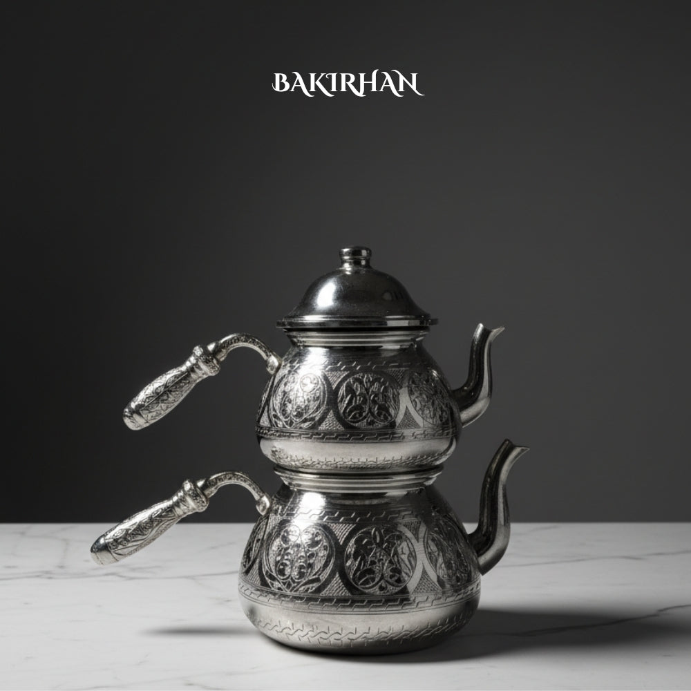 İşlemeli Gümüş Renk Bakır Çaydanlık