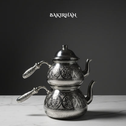 İşlemeli Gümüş Renk Bakır Çaydanlık