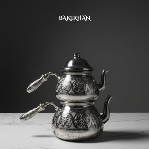 İşlemeli Gümüş Renk Bakır Çaydanlık