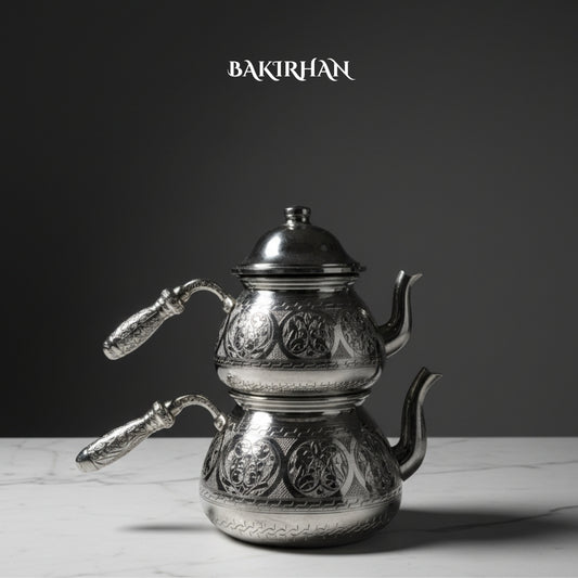 İşlemeli Gümüş Renk Bakır Çaydanlık