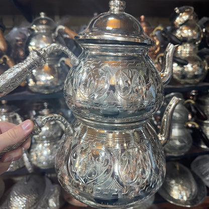 İşlemeli Gümüş Renk Bakır Çaydanlık