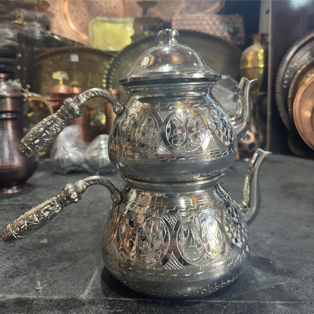 İşlemeli Gümüş Renk Bakır Çaydanlık
