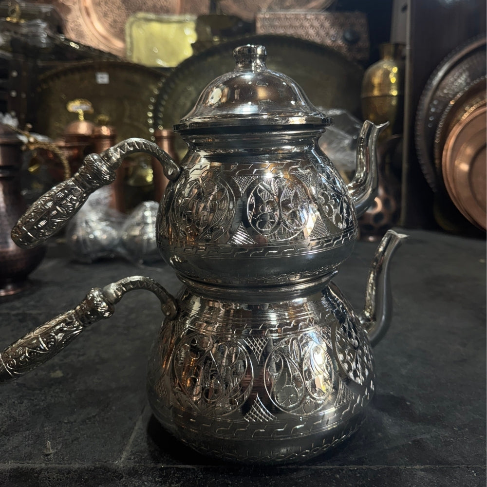 İşlemeli Gümüş Renk Bakır Çaydanlık